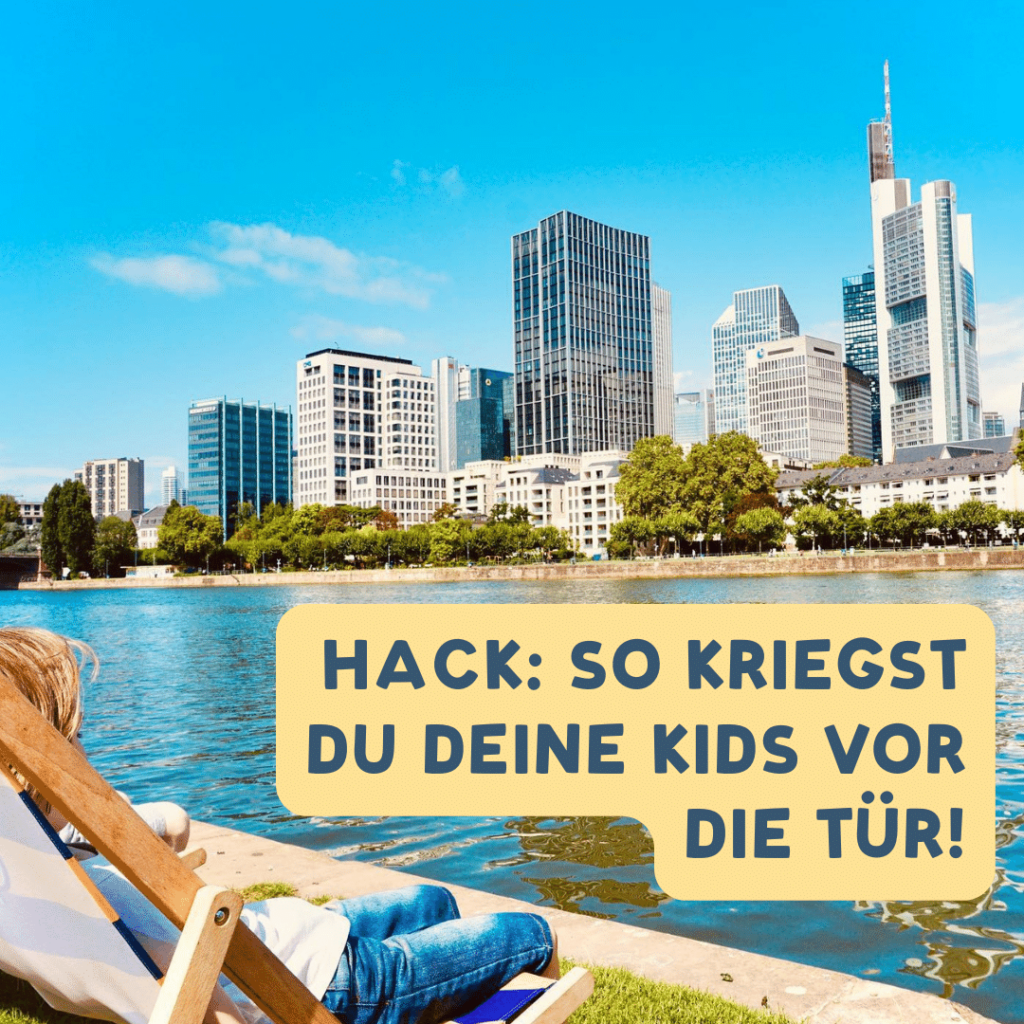 Hack: Familienausflüge mit Kindern planen - ein Kind liegt im Liegestuhl entspannt am Main in Frankfurt und schaut auf den Fluss