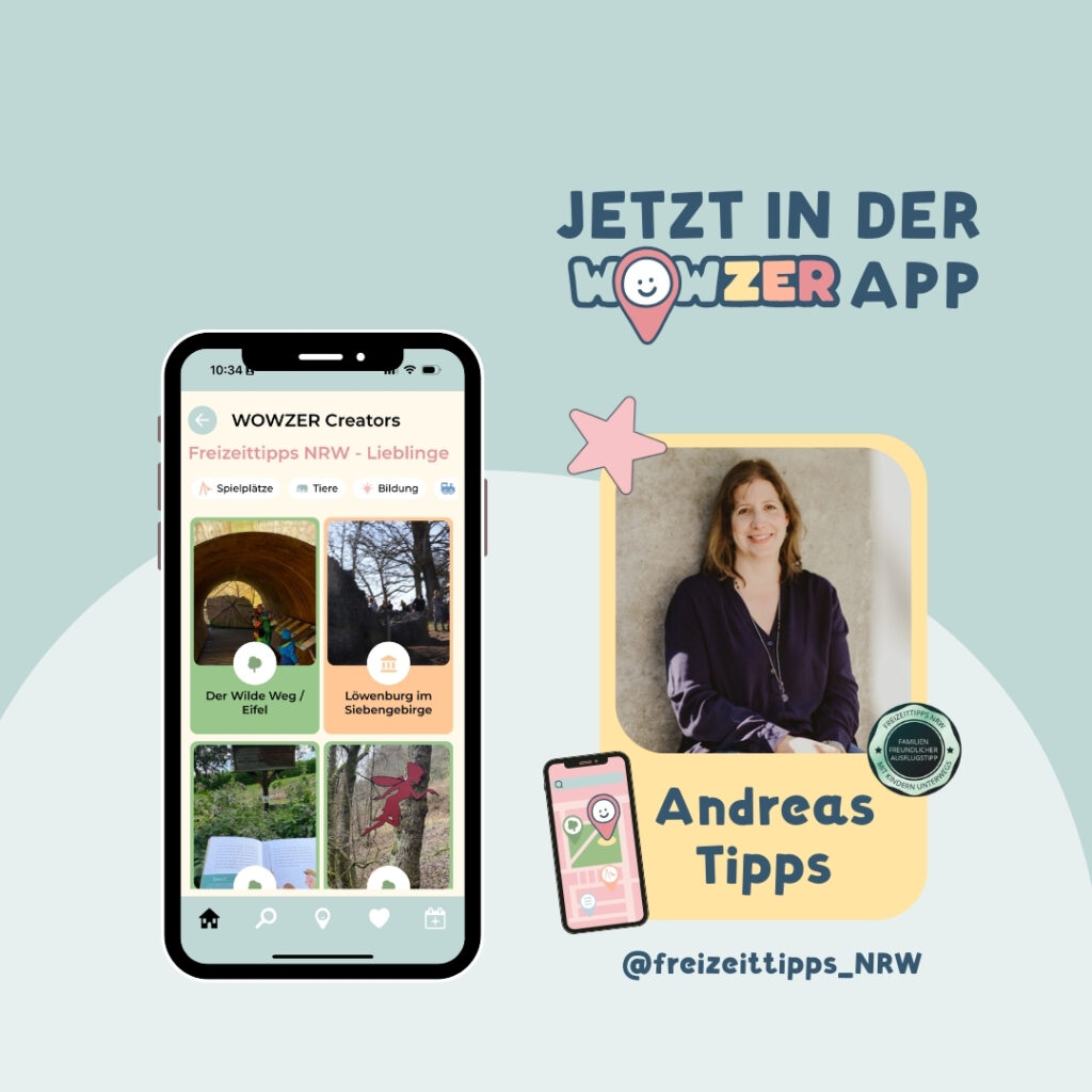 Andrea von Freizeittipps NRW ist abgebildet und zeigt ihre Lieblings-Tipps in der WOWZER-App