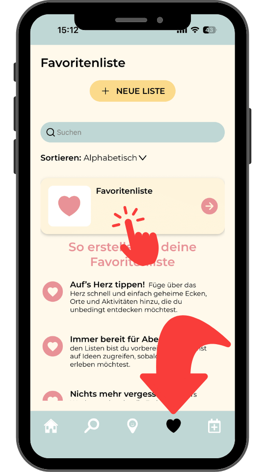 Schritt 4 · Herz-Icon unten → zur Favoritenliste